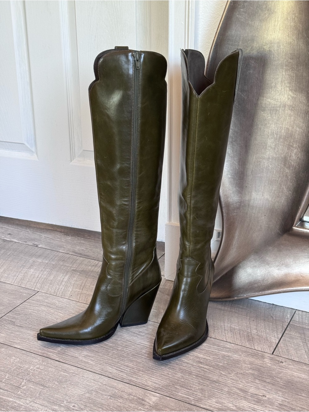 Jeffrey Campbell Amiga Forest Green Knee-High Wedge Western Boots